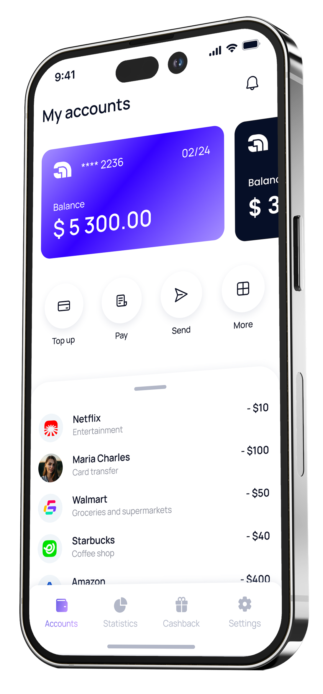 Mobile banking app screen showing an account balance of $5,300 with recent transactions including Netflix, Maria Charles, Walmart, Starbucks, and Amazon, and navigation tabs for Accounts, Statistics, Cashback, and Settings.