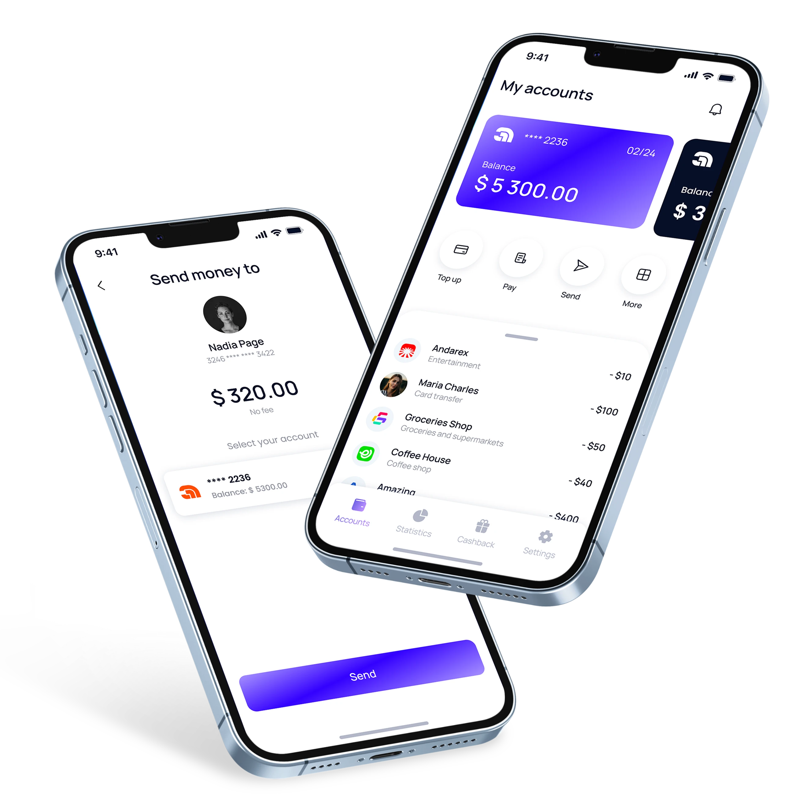 Two smartphones showing a finance app interface: one screen displays an account balance of $5,300 with recent transactions; the other screen shows a money transfer to Nadia Page for $320.