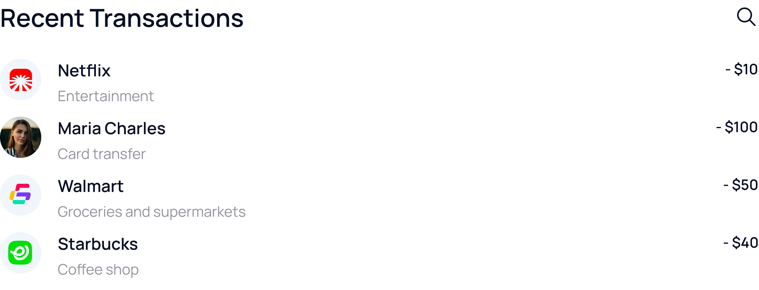 List of recent transactions showing Netflix entertainment for -$10, Maria Charles contribution for -$100, Walmart groceries and department store for -$50, and Starbucks coffee shop for -$40.
