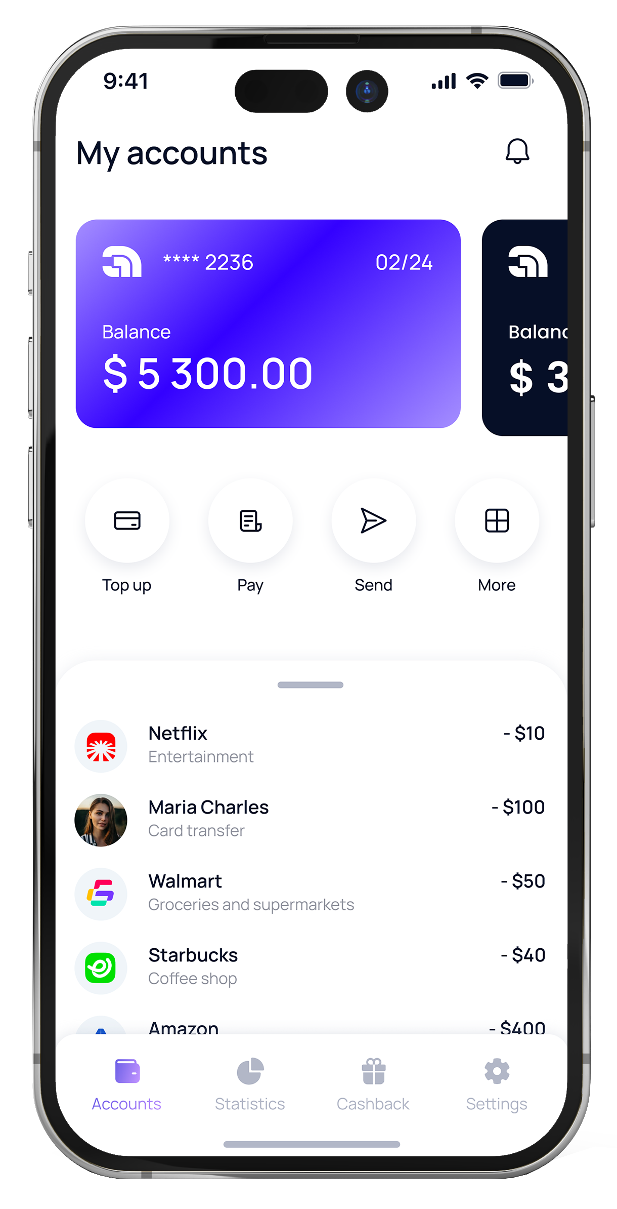Mobile banking app screen showing an account balance of $5300.00, options to top up, pay, send, and more, with recent transactions from Netflix, Maria Charles, Walmart, Starbucks, and Amazon.